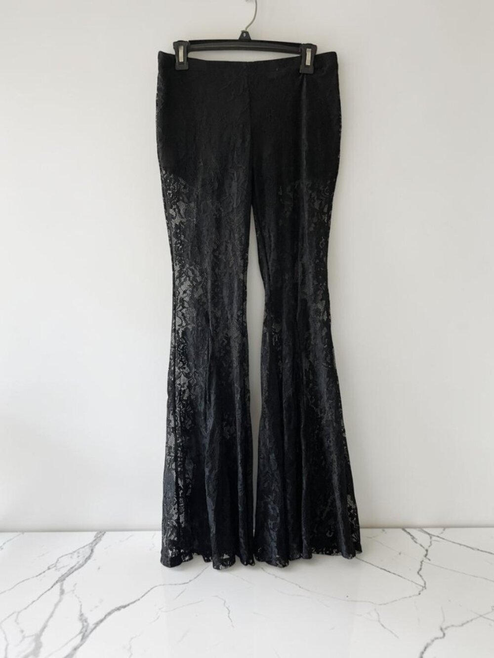 Black Sheer Floral Lace Flare Pants Goth Witchy Halloween Size M - Picture 4 of 5